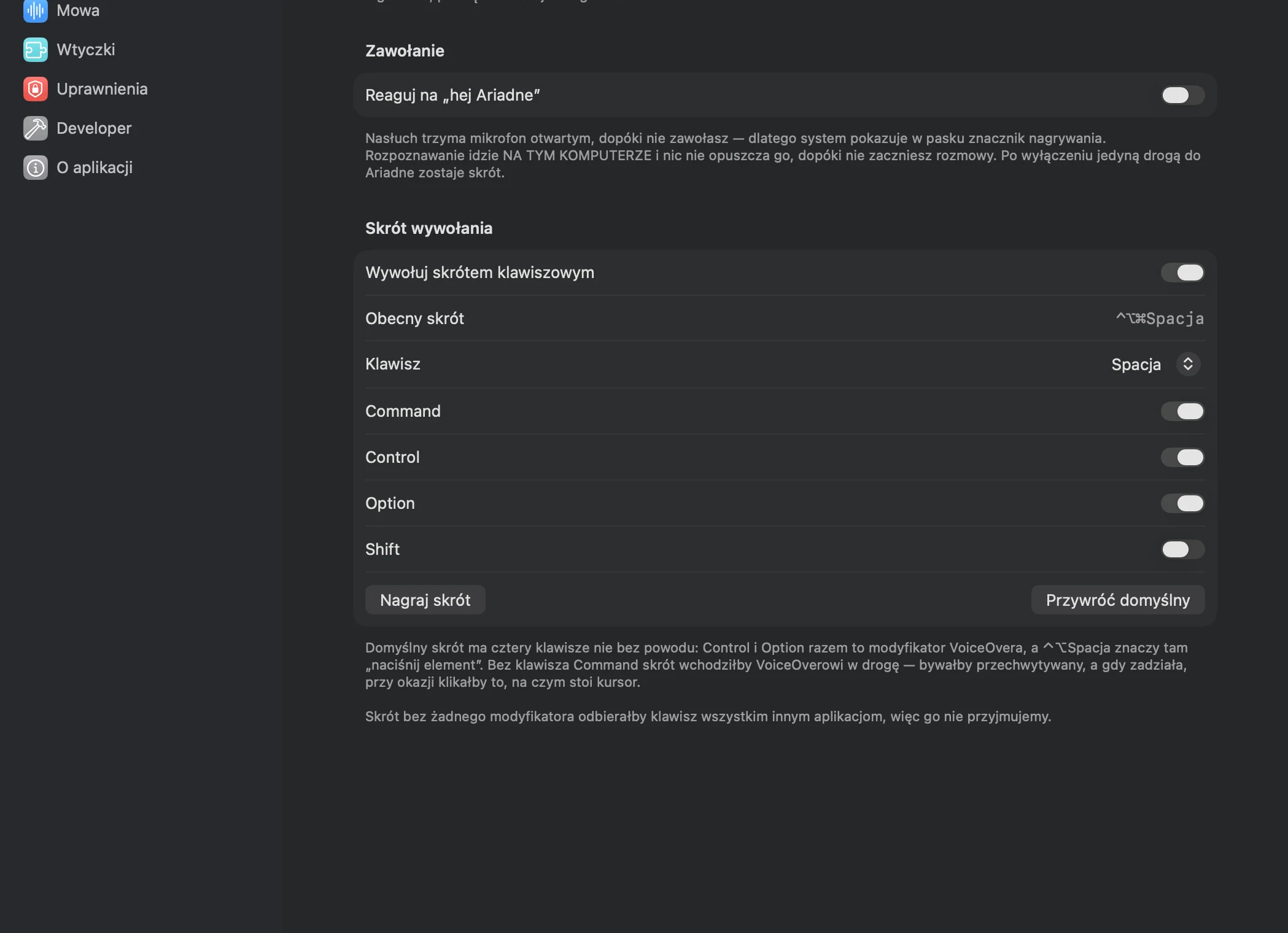 The Ariadne Settings window. On the left a list of sections: Startup, Intelligence, Speech, Plugins, Permissions, Developer, About. On the right the Startup section is open, with toggles for “Launch at login” and “Respond to hey Ariadne”, and the shortcut set to Command Control Option Space. Under each group is a sentence explaining what the option does.